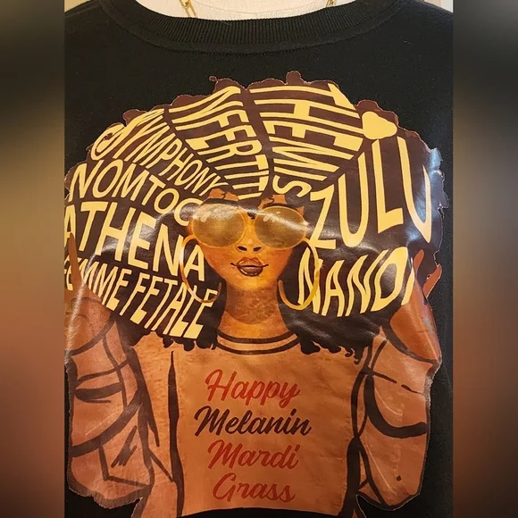 JW&NW Black Graphic Crop Top with Denim Sleeves Upcycle OOAK, Size Large - Picture 2 of 9